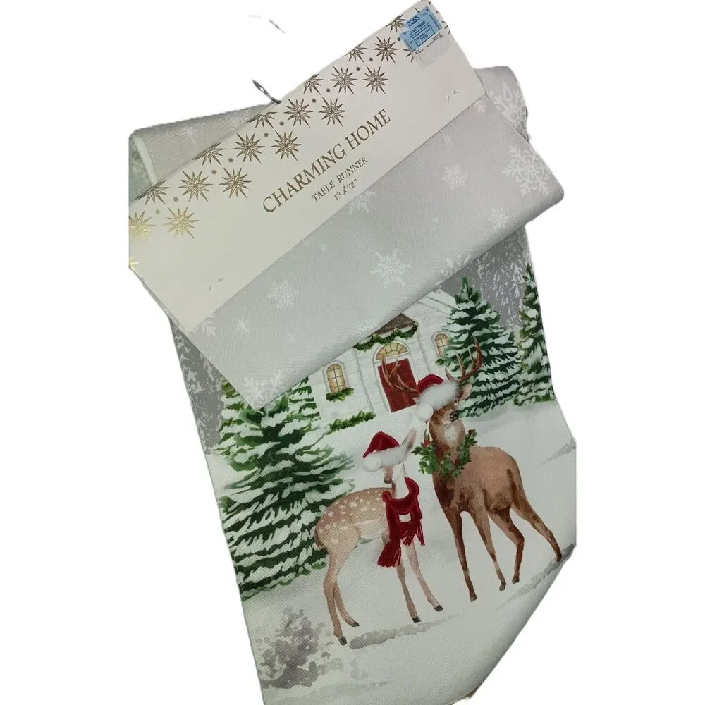 CHARMING HOME: Christmas Table Runner - Deer in Woods with Church, Size 13